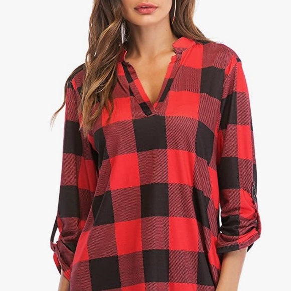 Women Roll-Up 3/4 Sleeve Plaid Shirt Tunic V Neck Casual Pullover Blouses Tops - Picture 1 of 6